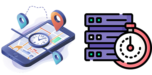 Isometric smartphone with map showing locations and clock, representing real-time tracking